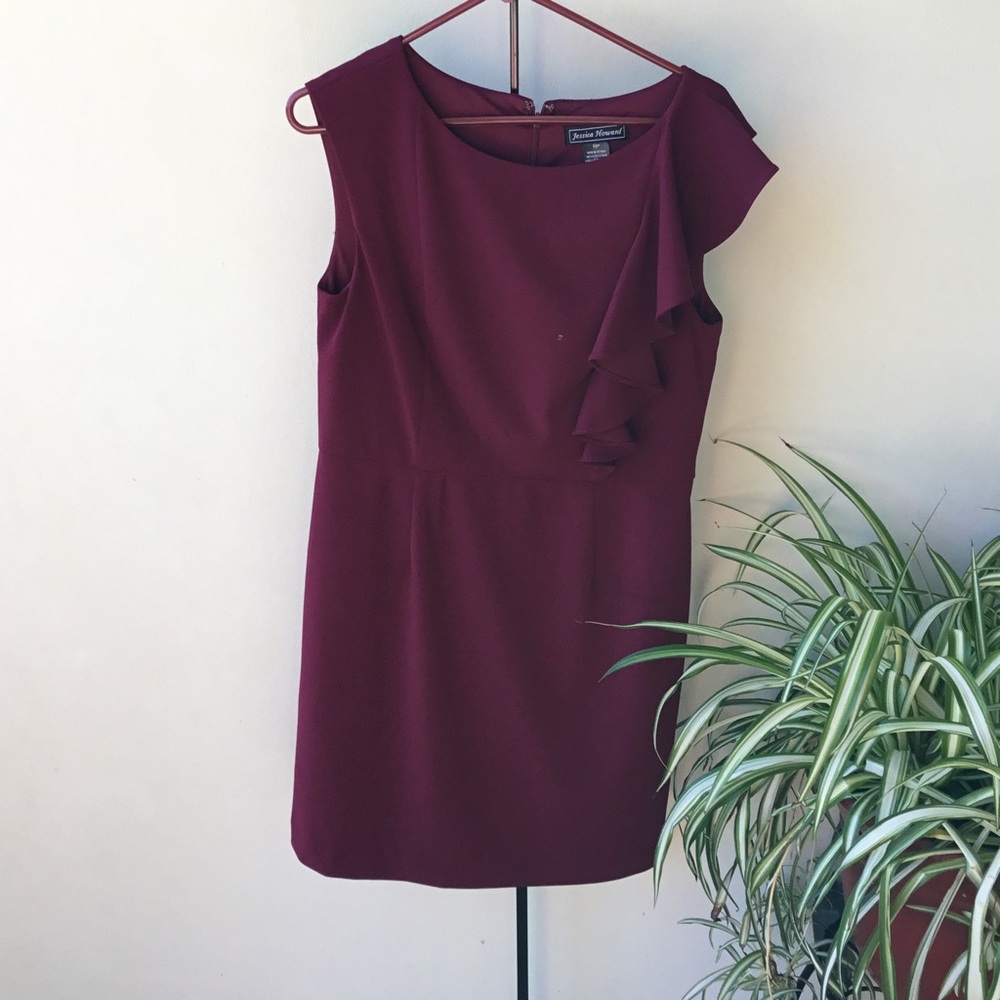 Jessica Howard Burgundy Sleeveless Dress with Ruffle 12 P Career
